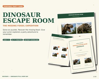 Juego imprimible de escape room de dinosaurios: Expedición de fósiles perdidos (para niños de 6 a 9 años)