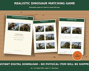 Juego imprimible de emparejamiento de esqueletos de dinosaurios, actividad de detective de fósiles para preescolar, tarjetas de dinosaurios inspiradas en Montessori en formato PDF.