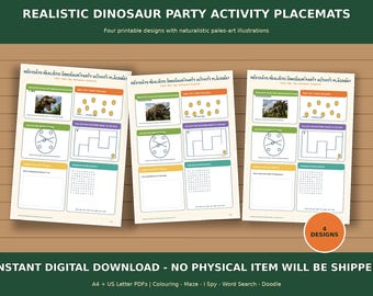 Mantel individual imprimible con actividades de dinosaurios: Juegos de mesa para fiestas de cumpleaños infantiles en formato PDF
