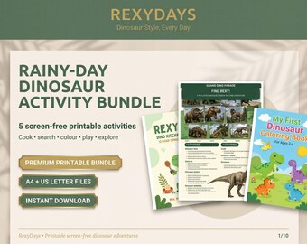 Libro imprimible de búsqueda de dinosaurios, actividades para niños en días lluviosos (descarga digital)
