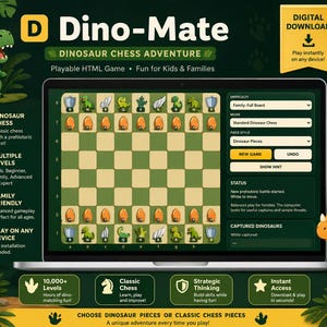 May include: A digital Dino-Mate dinosaur chess adventure game displayed on a laptop screen. The interface features a chessboard with dinosaur-themed pieces, orange egg pawns, and a sidebar with game settings, difficulty levels, and status updates.