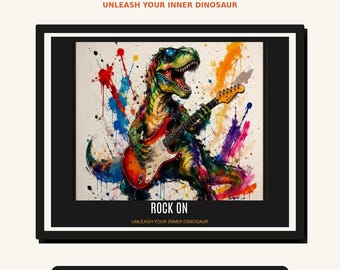 Póster de guitarra de dinosaurio Rock On / Arte mural de T-Rex colorido / Decoración para sala de música / Regalo divertido para fans del rock