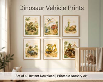 Juego de 6 láminas infantiles con diseño de dinosaurios y vehículos / Decoración de pared para dormitorio infantil / Descarga instantánea imprimible