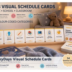 May include: A set of 168 RexyDays visual schedule cards for home and school, featuring 14 color-coded categories. The cards display icons and text for routines like having a bath, brushing teeth, and reading. Includes a wooden display stand and box.