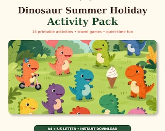 Pack de actividades de verano con dinosaurios / Juegos de viaje para niños, laberintos, bingo (descarga en PDF)