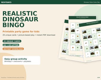 Juego de bingo de dinosaurios realistas / Actividad imprimible para fiestas infantiles (Descarga en PDF)