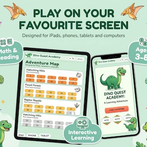 May include: A tablet and smartphone displaying the Dino Quest Academy educational app. The screens show an adventure map with numbered levels, dinosaur illustrations, and buttons for maths and reading activities for ages 3-8 on a light green background.