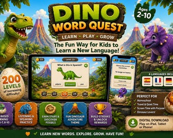 Juego de aprendizaje de idiomas de dinosaurios para niños, 200 niveles, actividad para iPad y teléfono, español, francés, alemán e italiano (descarga digital).