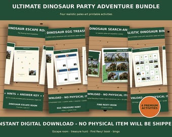 Paquete de juegos de fiesta con dinosaurios realistas / Escape Room, búsqueda del tesoro, bingo (descarga digital)