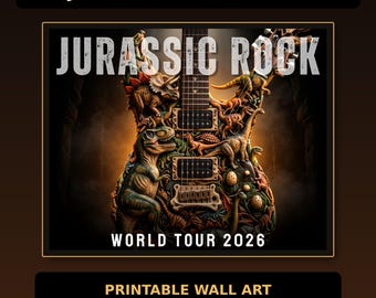 Póster de guitarra de dinosaurio de Jurassic Rock / Arte de pared de T-Rex de la gira mundial 2026 / Decoración para sala de música / Regalo para fans del rock