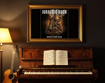 Jurassic Rock Dinosaur Guitar Poster | World Tour 2026 T-Rex Wall Art | Music Room Decor | Rock Fan Gift