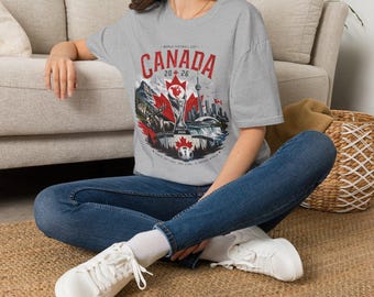 World Soccer 2026, Canada Landscape Graphic T-Shirt | Maple Leaf, Mountains, City Skyline