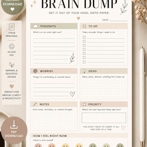 Può includere: Un pianificatore PDF stampabile intitolato "Brain Dump" con sezioni per pensieri, liste di cose da fare, preoccupazioni, idee, note e priorità. Il design è minimalista ed estetico, con una sezione per controllare i sentimenti.