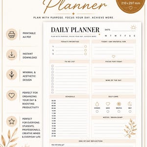 Può includere: Planner giornaliero A4 stampabile con un design minimalista. Include sezioni per priorità, liste di cose da fare, orari, cura di sé e note. Il testo recita: "Pianifica con uno scopo. Concentrati sulla tua giornata."
