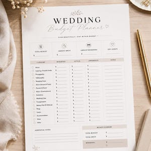 Può includere: Un pianificatore di budget per matrimoni su carta bianca con un design floreale. Il pianificatore include sezioni per il budget totale, l'importo speso e l'importo rimanente. Le categorie includono location, catering, fotografia e altro. Il testo "every love story is beautiful" è in basso.