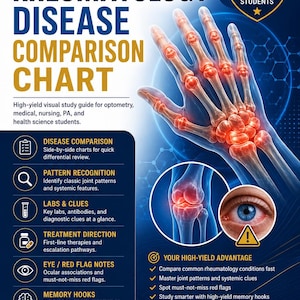 Könnte beinhalten: Ein digitales Studienhandbuch mit dem Titel "Rheumatology Disease Comparison Chart" mit anatomischen Illustrationen einer Hand, eines Knies und eines Auges. Der Leitfaden richtet sich an Studenten der Optometrie, Medizin, Krankenpflege, PA und Gesundheitswissenschaften. Es enthält Abschnitte zum Krankheitsvergleich.