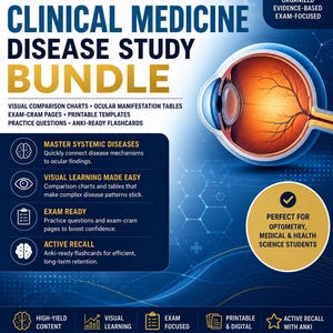 Könnte beinhalten: Ein blau-goldenes Lernpaket für Optometrie- und Medizinstudenten. Das Bild zeigt eine Augendiagramm, Lernhilfen und den Text "Optometry Clinical Medicine Disease Study Bundle". Enthält visuelle Tabellen, Übungsfragen und Karteikarten.