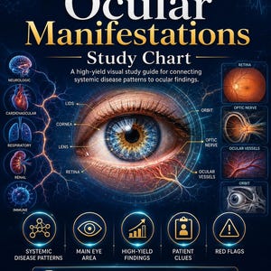 Könnte beinhalten: Ein digitales Studien-Chart mit dem Titel "Ocular Manifestations" mit einer detaillierten Augenillustration. Das Chart enthält Diagramme der Augenanatomie und systemischer Erkrankungsmuster. Text enthält "StudyRx Digital" und "Educational Study Resource".
