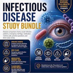 Könnte beinhalten: Ein digitaler Studienführer mit dem Titel StudyRx Digital Infectious Disease Study Bundle, der ein menschliches Auge, verschiedene mikroskopische Virus- und Bakterienillustrationen sowie Text zu Krankheitsvergleichstabellen enthält.