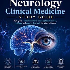 Könnte beinhalten: Das Cover des Buches "Neurology Clinical Medicine Study Guide" von StudyRx Digital. Es zeigt eine blaue Illustration eines Gehirns und eines Auges, mit Text, der die Lerninhalte hervorhebt. Der Leitfaden enthält Diagramme, Hinweise, rote Flaggen und Prüfungswerkzeuge.