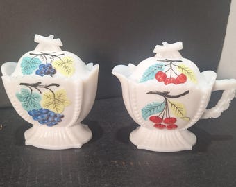 Vintage Westmoreland Milk Glass Jam Jelly Jar Set Grape Cherry Lids MCM- Mint!