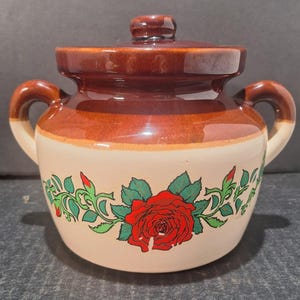 Vintage McCoy LCC USA 341 Covered Bean Pot Rare Rose Floral Decal Stoneware- HTF