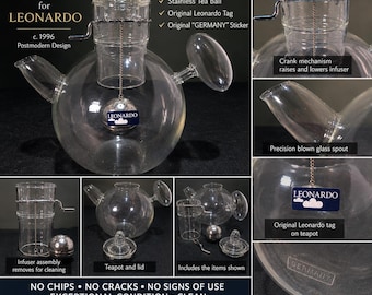 Tetera de cristal Michael Graves Leonardo Nanna, Alemania, con infusor de manivela, posmoderna, 1996