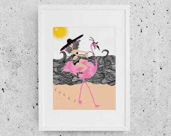 Flamingo Riding - ART PRINT