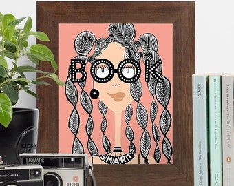 BookSmart with Braids - art print, home decor, wall art, gallery wall, plant lover, african american art, woman illustration, smart, school