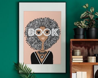Book Smart with an Afro - art print, home decor, wall art, gallery wall, school , african american art, woman illustration, nature,smart
