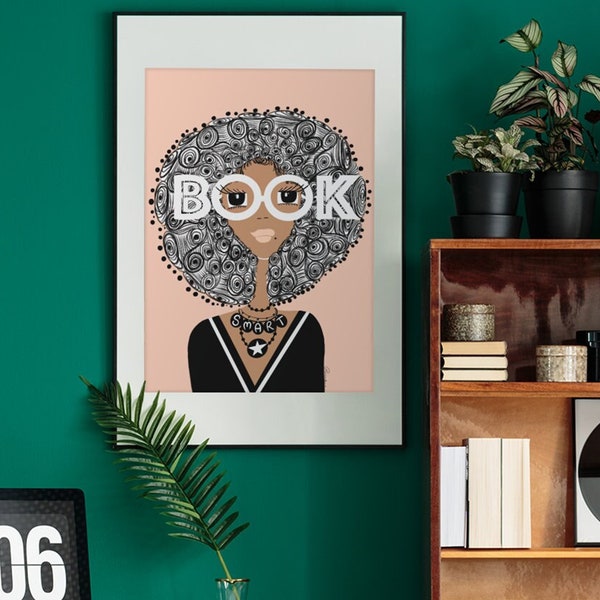 Book Smart with an Afro - art print, home decor, wall art, gallery wall, school , african american art, woman illustration, nature,smart