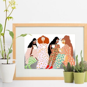 Cappucino with Friends - coffee art print, home decor, wall art, gallery wall, plant lover, african american art, kitchen decor