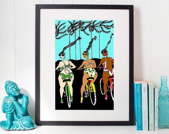 Ride in your Swimsuits - ART PRINT / wall decor / art wall / gallery wall / summer art / fun art / best friends art / bicycle riders