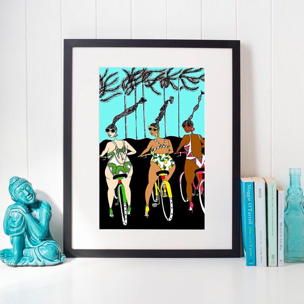 Ride in your Swimsuits - ART PRINT / wall decor / art wall / gallery wall / summer art / fun art / best friends art / bicycle riders