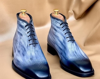 Handmade Blue Black Patina Leather Oxford Boots, Italian Style Brogue Dress Shoes
