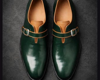 Handgemaakte smaragdgroene leren schoenen met enkele gesp – tweekleurige geklede herenschoenen