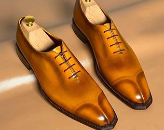 Handmade Wholecut Oxford Shoes, Tan Brown Leather, Italian Style Dress Footwear