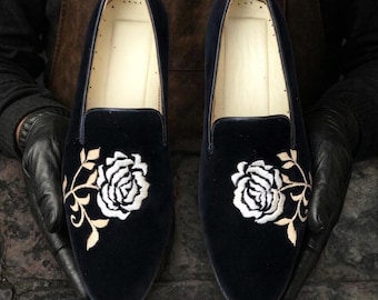 Black Velvet Loafers with Rose Embroidery – Men's Formal Slip-Ons