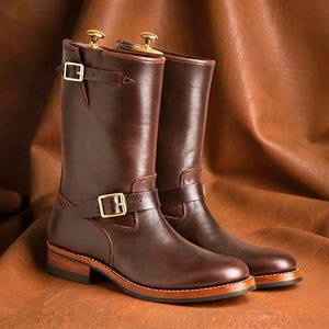 Handcrafted Brown Leather Engineer Boots, Men's Buckled Mid-Calf Motorcycle Boots