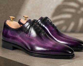 Scarpe Oxford da uomo di lusso in pelle integrale con patina viola, realizzate a mano.