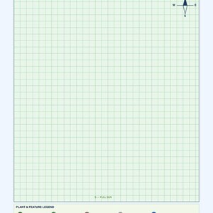 May include: A front yard landscape plan template featuring a large green grid on a white background. The document includes a compass rose, a plant and feature legend with icons for trees, shrubs, beds, paths, and water features, and a section for seasonal planting notes.