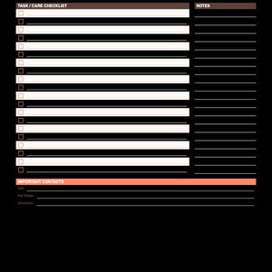 May include: A black digital document titled Dog Cpr Step By Step Guide by PawPrintCo. It features a task and care checklist with checkboxes, a notes section, and an important contacts area for vet, pet sitter, and groomer information.
