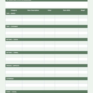 May include: A green and white Capsule Wardrobe Planner template featuring the text Capsule Wardrobe Planner and Build a versatile, intentional wardrobe — fewer pieces, more outfits. It includes sections for color palette, style guidelines, and clothing categories.