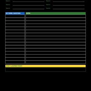 May include: A black study guide worksheet titled Ancient Egypt Study Guide with green, blue, and yellow headers. It features sections for Key Vocabulary, Key Terms/Questions, Notes, and a What I Learned Today section with blank lines for writing.