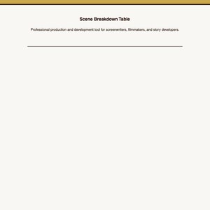 Könnte beinhalten: Ein digitales Dokument mit dem Titel Visual Novel Scene Planner Printable | VN Script Writer | Interactive Story Scene PDF. Es enthält eine goldene Kopfzeile, den Text Scene Breakdown Table und einen Untertitel zu Produktionstools.