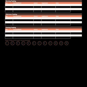 May include: A black digital snake feeding tracker log with white text and orange headers. It features sections for morning, afternoon, and evening feedings with columns for date, food type, brand, amount, supplements, and notes, plus a water intake tracker.