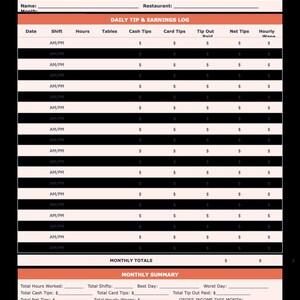 May include: A restaurant server tip tracker log sheet with a coral header and black and white rows. It includes fields for name, restaurant, month, daily tip and earnings, monthly totals, and a monthly summary section to record hours and income.