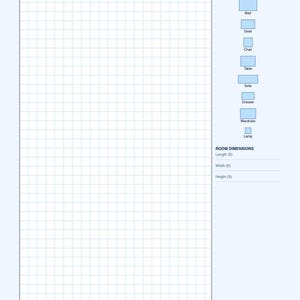 May include: A printable grid paper template titled OPEN KITCHEN LAYOUT with a large graph area, a furniture legend featuring icons for a bed, desk, chair, table, sofa, dresser, wardrobe, and lamp, plus sections for room dimensions in feet and notes.