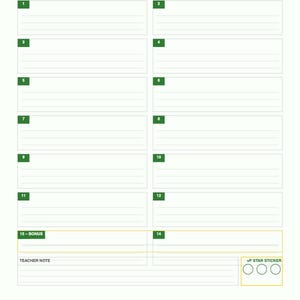 May include: A white Solving Equations worksheet with green headers and borders. It features fields for name and date, twelve numbered rows for equations, a bonus section, a teacher note area, and three circles for star stickers at the bottom right.