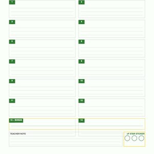 Peut inclure: Une feuille d'exercices éducative blanche intitulée Punctuation Practice Sheets avec une en-tête verte. Elle comporte des lignes numérotées de 1 à 15, des champs Nom et Date, une section Note de l'enseignant et trois cercles vides pour des gommettes.
